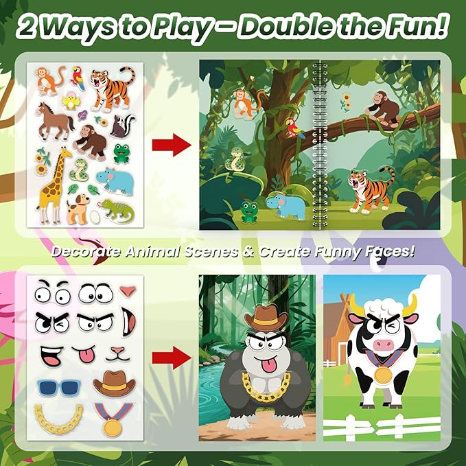 Animals Reusable Sticker Book for Toddlers, DIY Make-a-face Animals Jelly Fun 3D Stickers, Washable Puffy Stickers for Kids Toys, Airplane Road Trip Travel Activities Essentials for Kids 3 4 5 Years