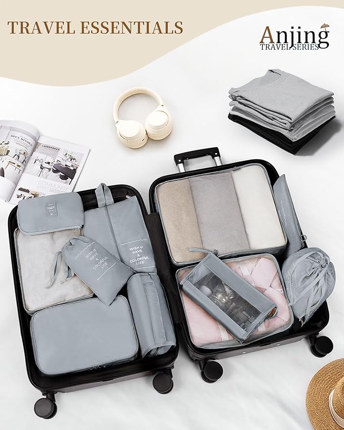 Anjing Packing Cubes for Suitcase 11PCS Luggage Packing Organizers Travel Essentials Luggage Organizer Hooked Toiletry Bag Cosmetic Bag and Shoes Bag, Gray