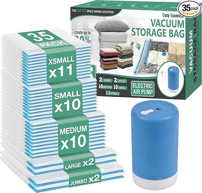 Cozy Essential Travel Vacuum Storage Bags with Rechargeable Cordless USB Pump, Space Saver Bags for Luggage, Suitcase, Carry-On, for Clothes, Blankets, Bedding & Seasonal Storage,35 Combo