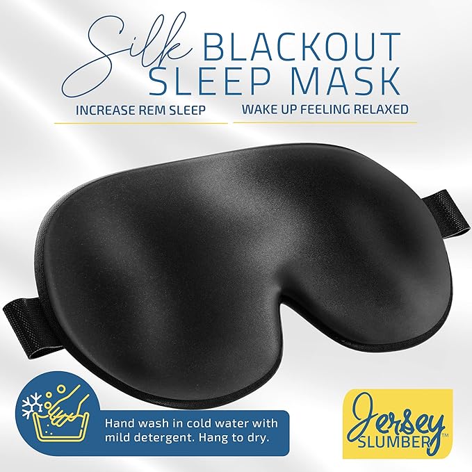 Silk Sleep Eye Mask for Men Women, Comfortable Super Soft Eye Mask with Adjustable Strap, 100% Pure Silk, Blocks Light, Jersey Slumber (Black, 1 Count (Pack of 2))