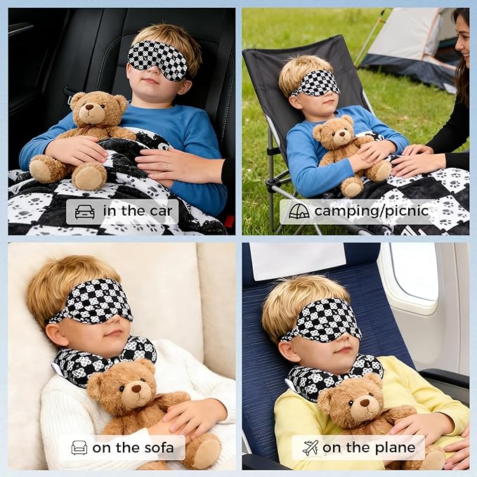 Travel Pillow with Detachable Flannel Blanket & Eye Mask – Plush Velvet Neck Support Pillow for Airplane,Car,Office Rest,Coordinated Digital Print Set (Black Dog Claw Grid, 50in * 60 in)