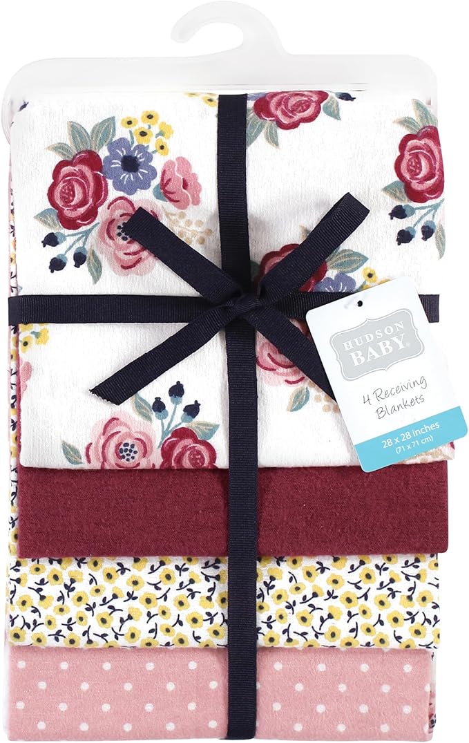 Hudson Baby Unisex Baby Cotton Flannel Receiving Blankets, Blush Navy Floral, One Size