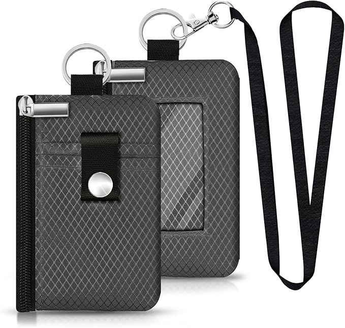 Minimalist RFID Blocking Small Wallet with ID Window,WaterResistant Zip Id Case Wallet with Lanyard Keychain for Cards,Cash,Travel,Women,Men (DarkGrey)