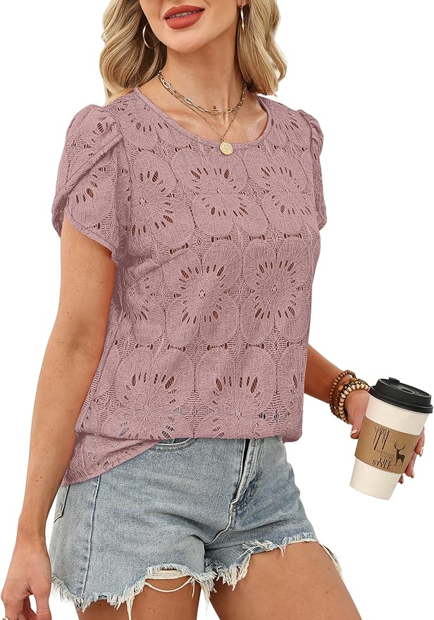 OFEEFAN Blouses for Women Dressy Casual Petal Short Sleeve Shirts Crochet Lace Boho Tops Spring Fashion Summer Outfits