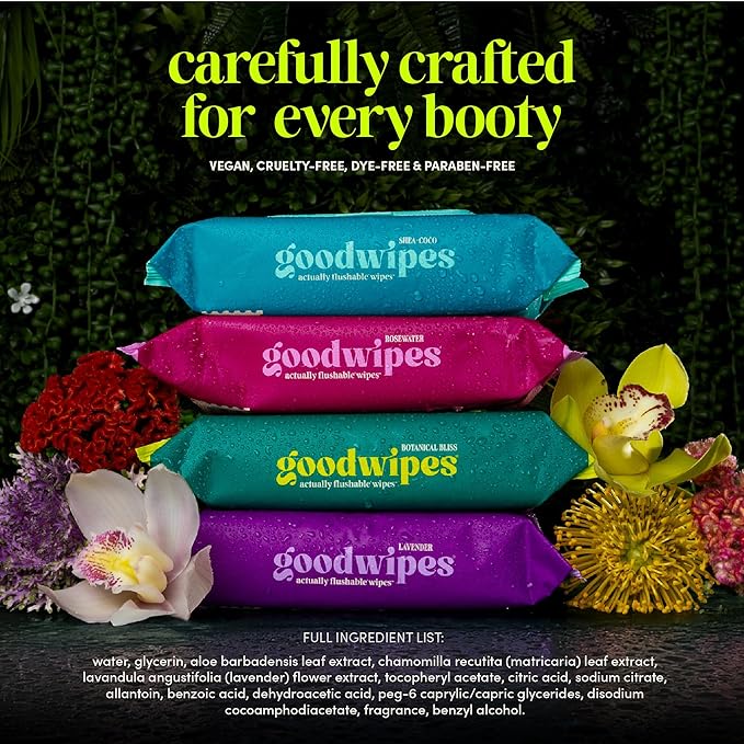 goodwipes Flushable Butt Wipes - Vitamin E & Aloe - Sewer & Septic Safe - Extra Large Adult Wet Wipes For Women & Men - Bathroom Essentials - Cedar, 418 Count (8 Packs + 1 Travel)