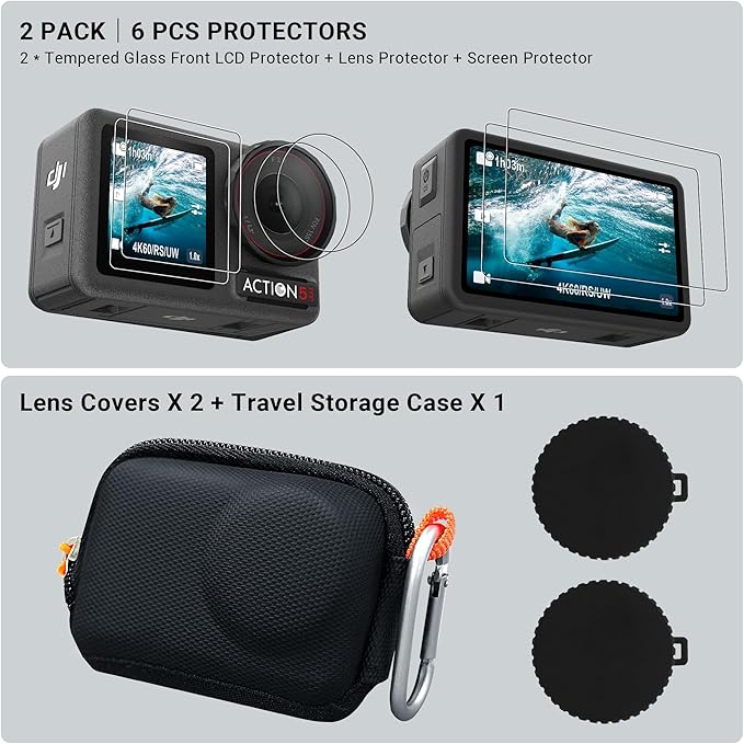 CYNOVA DJI Osmo Action 5 Pro Accessories Kit, Include DJI Osmo Action 5 Case, Action 5 Pro Screen Protector and Silicone Lens Cap, Anti-Scratch, Anti-Collision, Anti-Dust, All-Round Protection