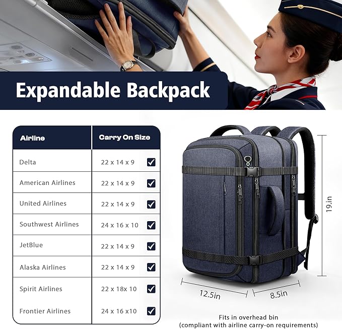 Flight Approved Travel Backpack with LifetimeWarranty,Expandable Carry on Backpack 40-50L with USB Cable Port,Fits 17.3"Laptop,Flight TSA friendly,Anti Theft Laptop Backpack Travel,Commuting,Blue