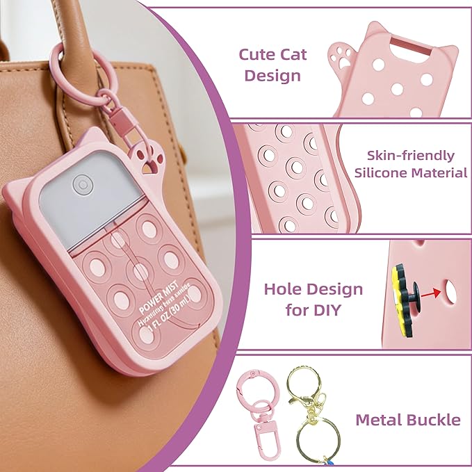 Mlife Hand Sanitizer Spray Case for Touchland Silicone Touchland Case Cat Silicone Case compatible with Touchland Power Mist 1FL OZ/30ML with Keychain &10Pcs Charms(Pink)