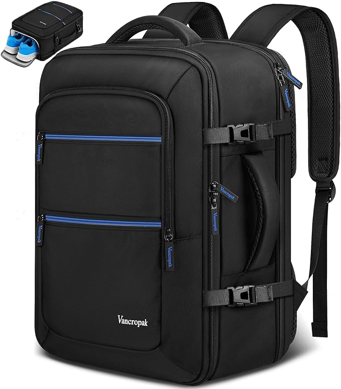 Vancropak Spirit Airlines Personal Item Bag 18x14x8 Backpack, TSA Approved Underseat Travel Backpack with Shoe Compartment Removable for Men & Women, Lightweight Luggage Bag Fit 17.3 inch Laptop
