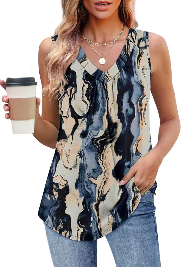 OFEEFAN Tank Top for Women Loose Fit Sleeveless Shirts V Neck Summer Clothes Ruched Women's Tees and Tanks Curved Hem
