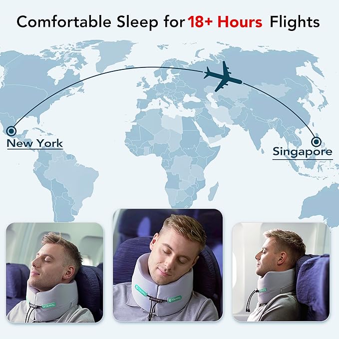 Airplane Travel Support Pillow: Head Sinking Depth Under 2cm - 5+ Hours Upright Sleep Without Neck Pain & Strain for Frequent Flyers on Long Flights - 360 Chin Support Prevent Head Bobbing