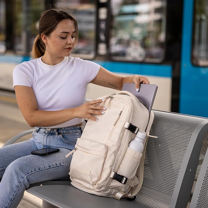 (Not Made In China) Travel Backpack For Men and Women, Airline Approved Carry On Bag w/Shoe Compartment, Holds 15.6" Laptop Computer, USB Charging Port (Amerigo, Beige,1 Pack)