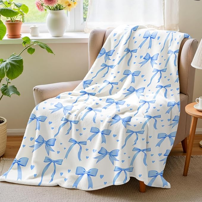 Wajade Blue Bow Kids Blanket for Girls - Blue Bow Blanket Birthday Decor for Kids Age 3 4 5 6 7 8 9 10 11 12 Years Old Teens Child Toddler Throw Blue 50"x60"