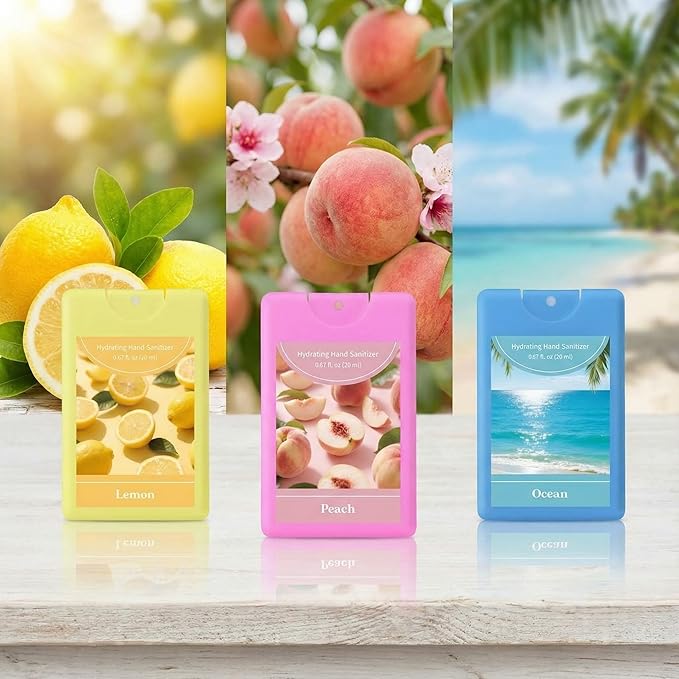 Set of 3 Power Mist Hydrating Hand Sanitizer Spray Bulk Travel Size Refreshing Hand Sanitizer 0.67 Fl. oz Compact Card Spray Bottle Peach Lemon Ocean Scent for Summer Party Favors Family Gifts