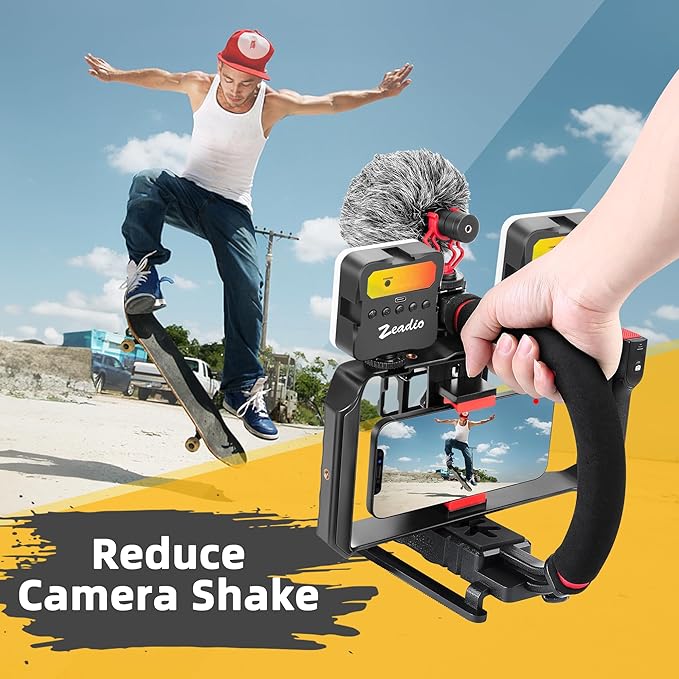 Zeadio All-in-One Smartphone Camera Stabilizer Kit, Portable Handheld Video Rig with RGB Video Light and Microphone, Fits for All Camcorder, Camera, DSLR and All iPhone and Android Smartphones