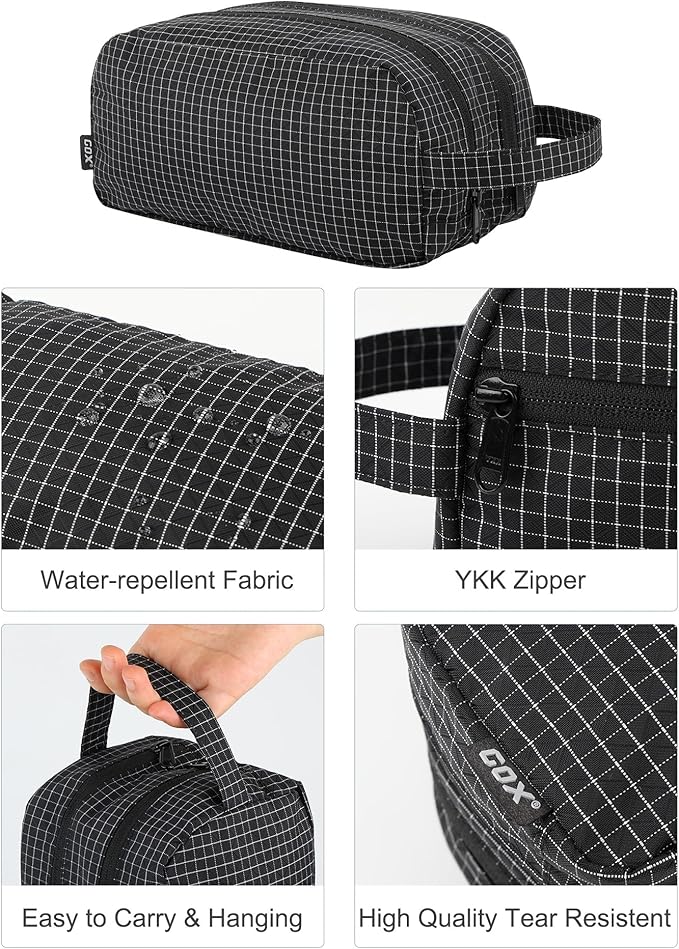 GOX Small Travel Toiletry Bag for Men, Dopp Kit, Water-Repellent Nylon, TSA Carry-On Leakproof Cosmetic Organizer (10.4"x5.5"x5.1") & Carry Handle (Black)