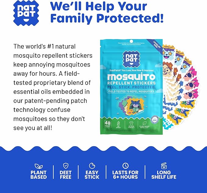 NATPAT BuzzPatch Mosquito Patch Stickers for Kids - All Natural, Plant Based Ingredients, Non-Toxic, DEET Free, Citronella Insect Patches, for Toddlers, Babies, Children (3 Pack, 144 Units)