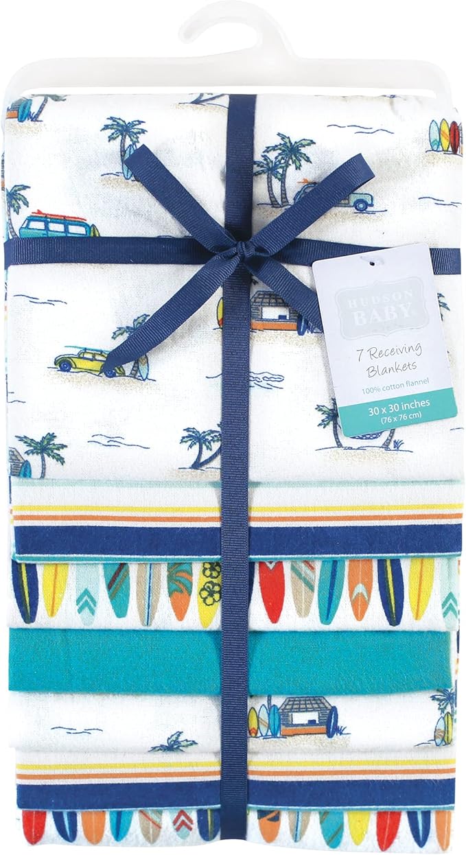 Hudson Baby Unisex Baby Cotton Flannel Receiving Blankets Bundle, Surfer Dude, One Size