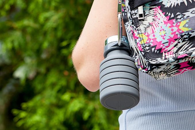 Joie Collapsible Water Bottle On The Go with Carabiner, Expands from 7.5 Ounces up to 16 Ounces, Silicone, Leak-Proof, BPA-Free, Space-Saving for Travel and Hiking, Colors May Vary