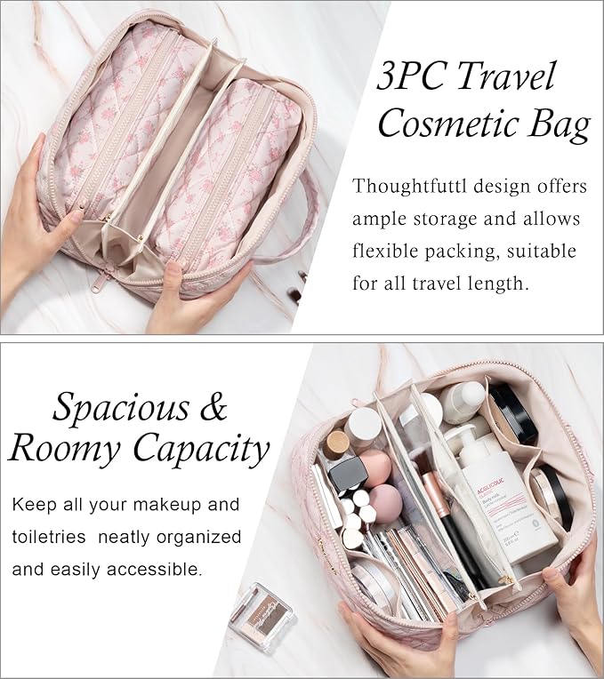 Travel Makeup Bag, 3 Pcs Large Capacity Puffy Toiletry Bag for Women, Open Flat Make up Cosmetic Organizer w/Handle & Clear Divider Water-resistant Portable Pouch Travel Essentials, L-Pink Rose