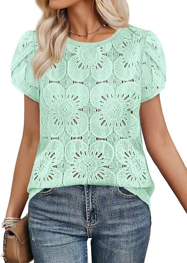 OFEEFAN Blouses for Women Dressy Casual Petal Short Sleeve Shirts Crochet Lace Boho Tops Spring Fashion Summer Outfits