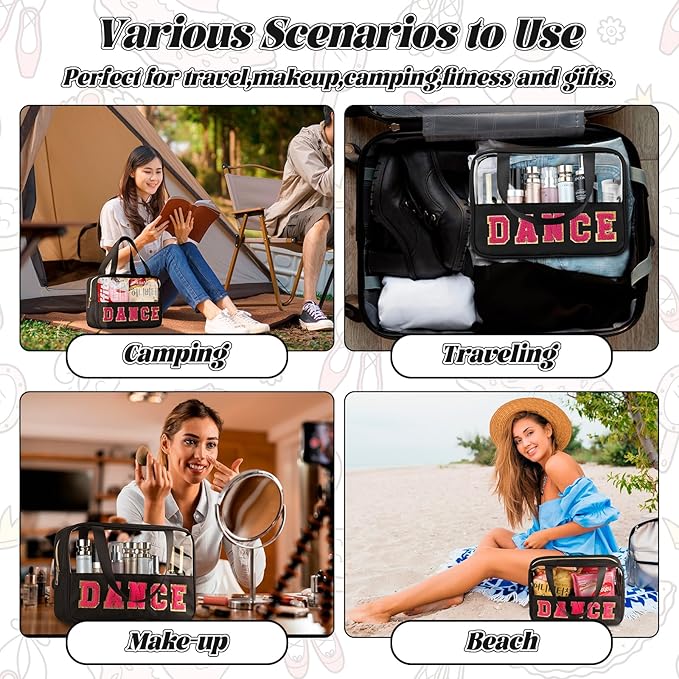 BuyCard Chenille Letter Patch Clear Travel Bags, Preppy PVC&Nylon Makeup Bag with Handle and Zipper, Waterproof Large Clear Travel Toiletry Bag Storage Bag for Women Girls