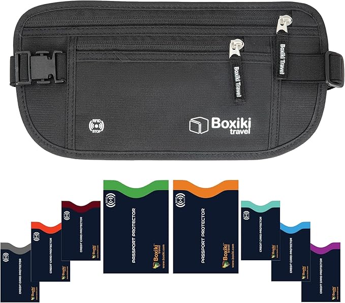 Boxiki Travel, Black Money Belt with RFID Sleeves Set - 8 Pcs Navy Blue | Secure Waist Bag and RFID Card Holder for Men and Women