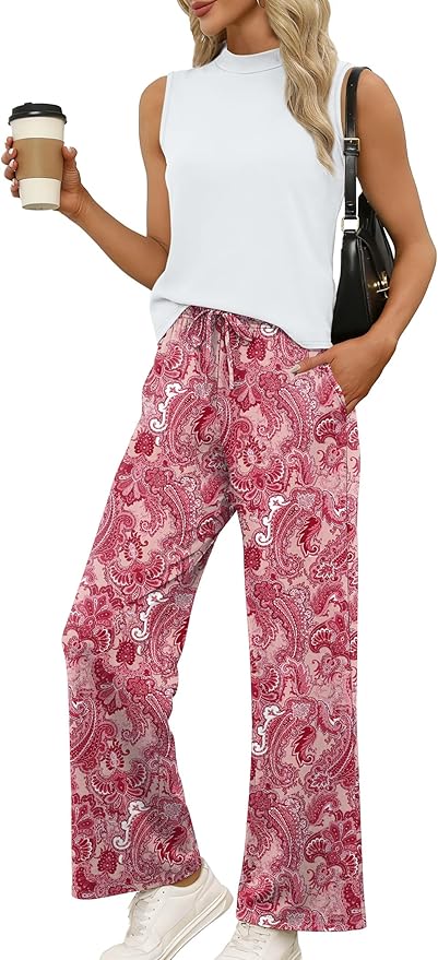 WIHOLL Two Piece Set for Women Summer Spring Outfits Cruise Travel Airport Beach Vacation Mock Neck Wide Leg Pants Set