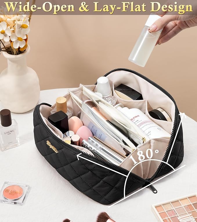 Travel Makeup Bag, 3 Pcs Large Capacity Puffy Toiletry Bag for Women, Open Flat Quilted Make up Cosmetic Organizer w/Handle & Clear Divider Water-resistant Portable Pouch Travel Essentials, L-Black