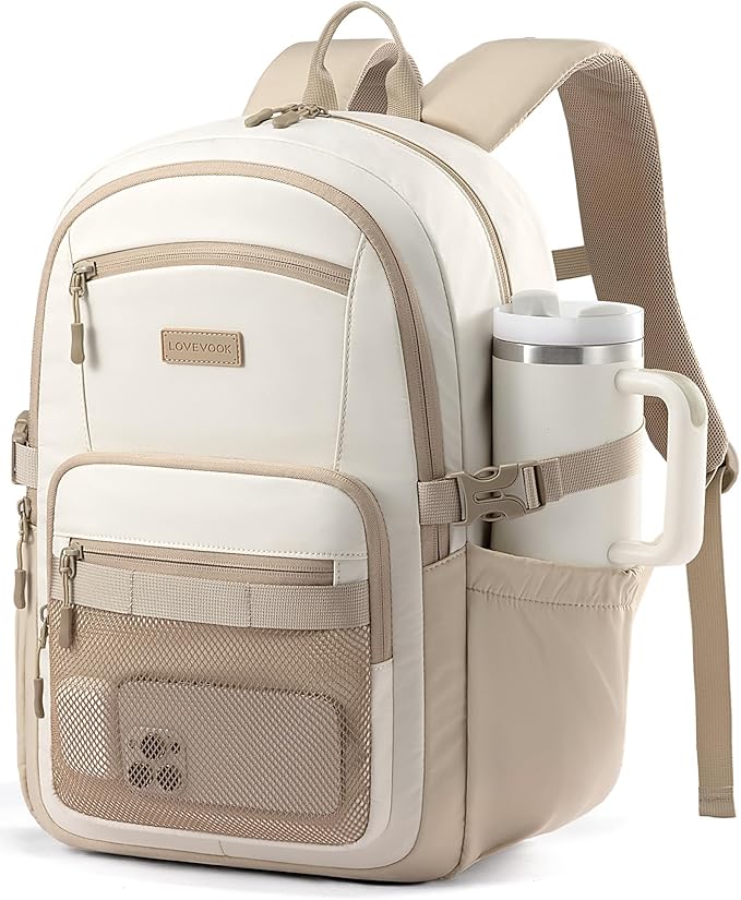 LOVEVOOK Laptop Backpack Women with 40oz Cup Holder Buckle Strap, 15.6 Inch Tech-Ready Work Backpack, TSA-compliant for Travel & College with Versatile Mesh Pocket, Oatmeal Cream