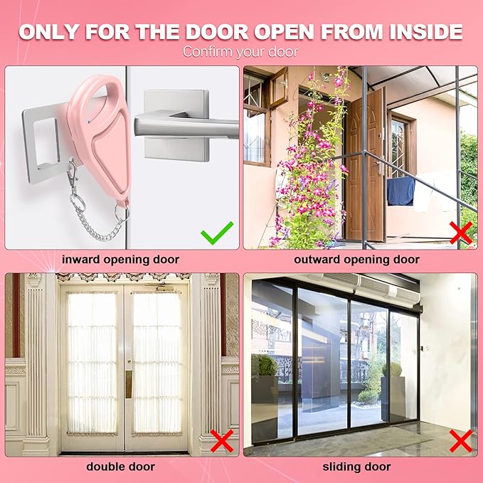 Portable Door Lock for Home Hotel Safety, Door Latch Security Lock for Additional Privacy and Safety in Hotel, Apartment,and College Prevent Unauthorized Enty, Pink 2 Pieces
