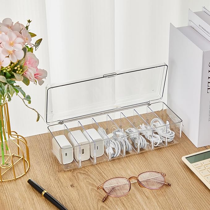 Tatuo 2 Pcs Cable Organizer Box with 20 Wire Ties and 2 Sort Stickers, Clear Plastic Cord Storage Box with Lid for Home Office Desk Organizers and Accessories