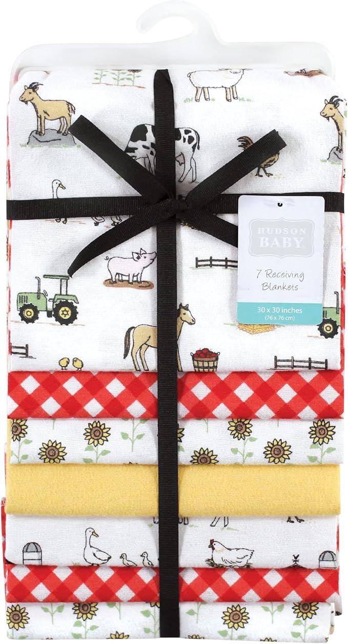 Hudson Baby Unisex Baby Cotton Flannel Receiving Blankets Bundle, Girl Farm, One Size