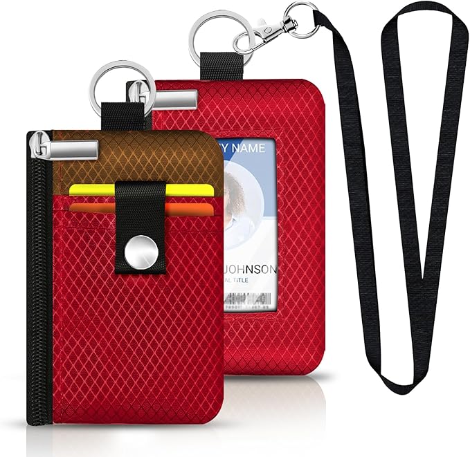 Minimalist RFID Blocking Small Wallet with ID Window,WaterResistant Zip Id Case Wallet with Lanyard Keychain for Cards,Cash,Travel,Women,Men (Red/Brown)