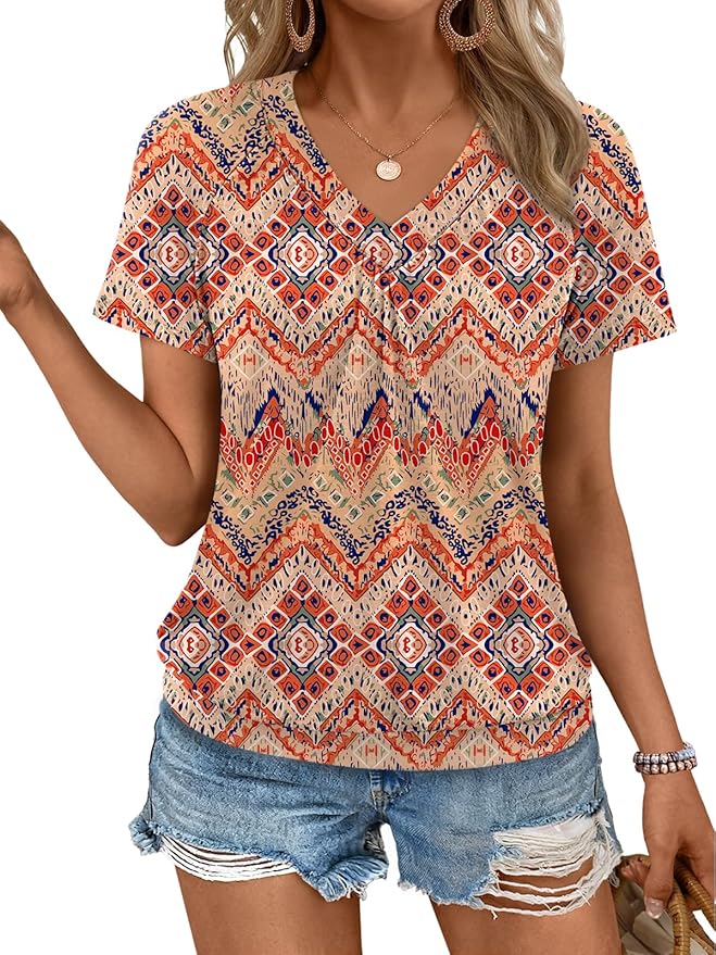 AUTOMET Womens Tops Short Sleeve V Neck T Shirts 2026 Summer Spring Beach Vacation Clothes Casual Loose Ruched Top