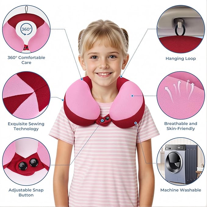 COOLBEBE Kids Travel Neck Pillow, Softly Double Support Travel Pillow for Car & Airplane, Traveling Gifts for Toddler & Children, Breathable Fabric, Raspberry Powder