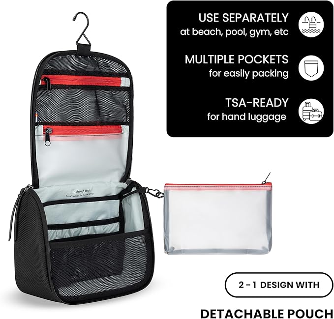 Sherpani Co-Pilot, Travel Toiletry Bag, Hanging Cosmetic Organizer, Water Resistant Makeup Bag, Shower Dopp Kit, Essentials Toiletries for Women, Travel Gift (Carbon Signature)