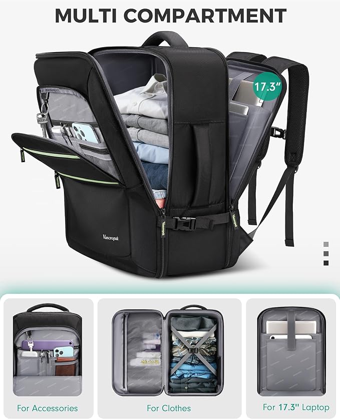Vancropak Travel Personal Item Backpack for Spirit Airlines with Shoe Compartment Removable, 18x14x8 TSA Approved Underseat Carry on Backpack, Large Luggage Suitcase Bag Fit 17.3" Laptop, Black