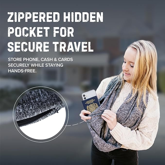 Zero Grid Infinity Travel Scarf Loop with Hidden Zipper Pockets for Passport, Phone, Cash, Cards