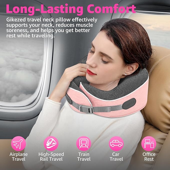 Travel Pillows for Airplanes Ergonomic Memory Foam Neck Pillow for Travel - 360° Head & Neck Support for Sleeping on Flights, Cars, Trains & Office (Pink-1)