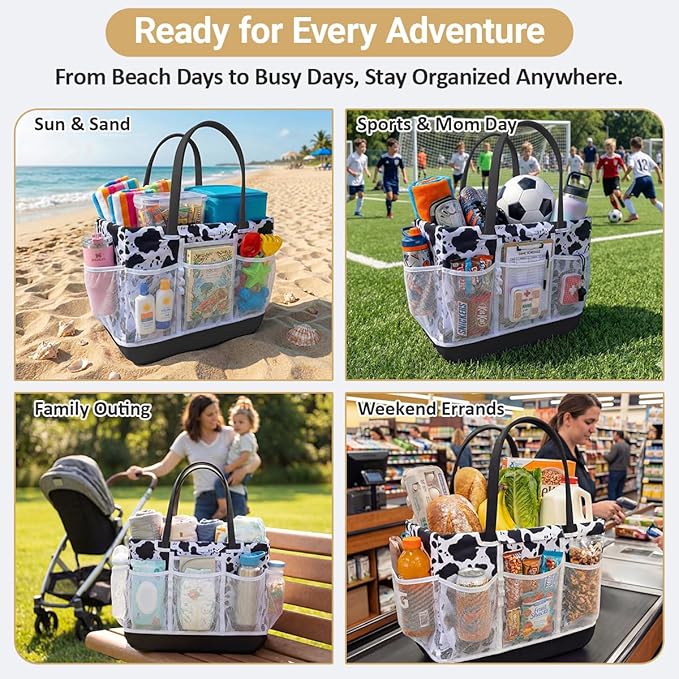Nyton Custom Fit Organizer Bag Insert for Bogg Bag Inner Liner Pouch for Original Large XL Rubber Tote Zippered Organizer with Pockets for Beach Travel Sports Mom (BLACK WHITE COW, LARGE)