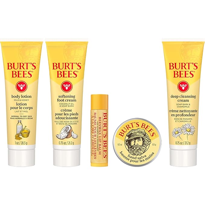 Burt's Bees Mothers Day Gifts Ideas - Essentials Everyday Set, 5 Travel Size Products - Deep Cleansing Cream, Hand Salve, Body Lotion, Foot Cream and Original Lip Balm