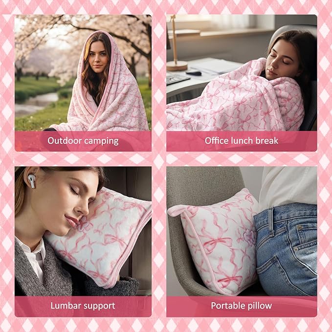 Gilprop Pink Bow Travel Blanket Airplane Compact with Bag 2 in 1 Soft Preppy Fleece Travel Blanket and Pillow Set with Luggage Sleeve Backpack Clip Compact Lightweight Airplane Essentials