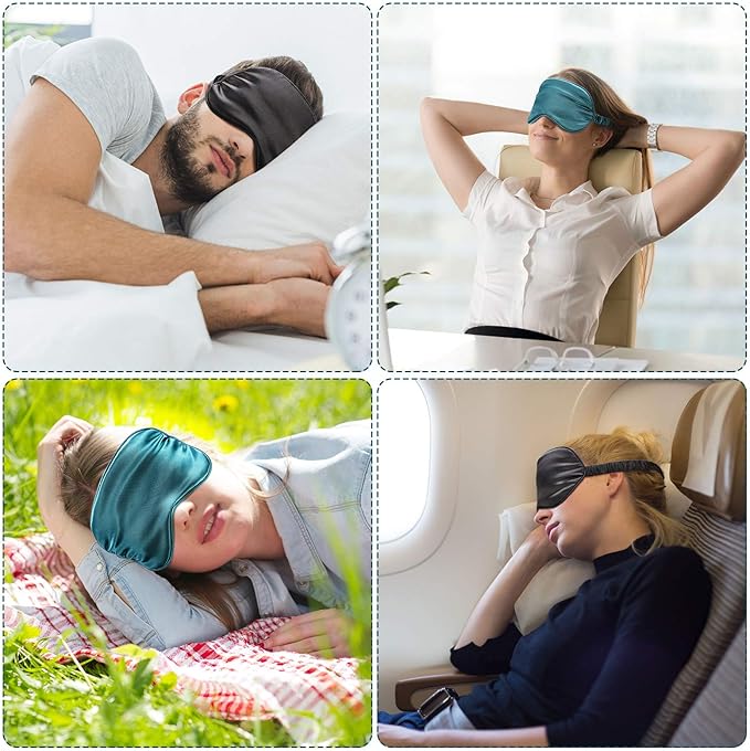Silk Satin Sleeping Mask Eye Mask Set Include 2 Blindfold Eyeshade Elastic Strap Double Layer Silk Filling Eye Cover 2 Ear Plugs 2 Storage Bags for Women and Men Sleep Travel Nap (Black, Dark Green)