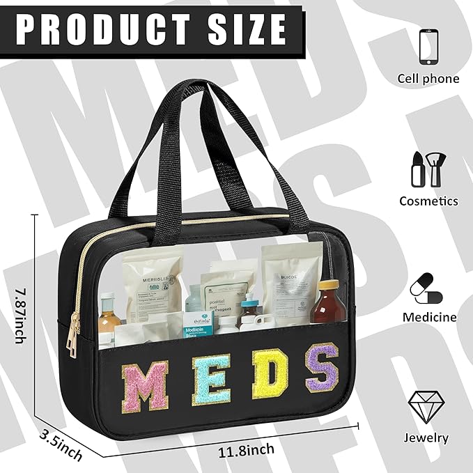 BuyCard Chenille Letter Patch Clear Travel Bags, Preppy PVC&Nylon Makeup Bag with Handle and Zipper, Waterproof Large Clear Travel Toiletry Bag Storage Bag for Women Girls