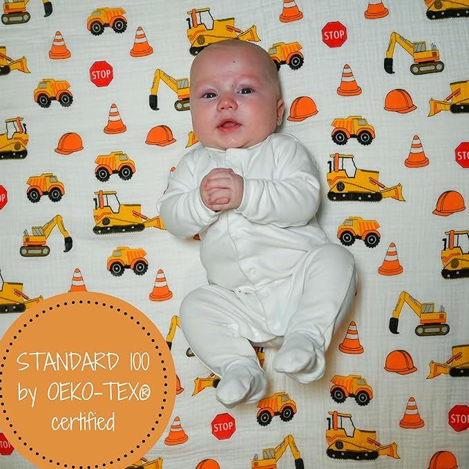 LollyBanks Muslin Swaddle Blanket, 100% Muslin Cotton Baby Blankets for Boys, 47 X 47 Inches Newborn Receiving Blanket, Swaddles for Newborns Baby Boy, Registry (Fun Construction Theme Print)