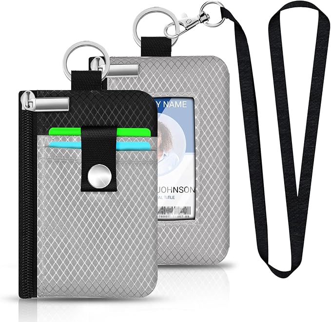 Minimalist RFID Blocking Small Wallet with ID Window,WaterResistant Zip Id Case Wallet with Lanyard Keychain for Cards,Cash,Travel,Women,Men (Light gray/Dark blue)