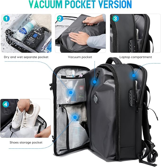 BANGE Travel Backpack with Vacuum Pocket and TSA lock version can hold 15.6 inch Laptop suitable Overnight Flight Approved Anti-theft Bag