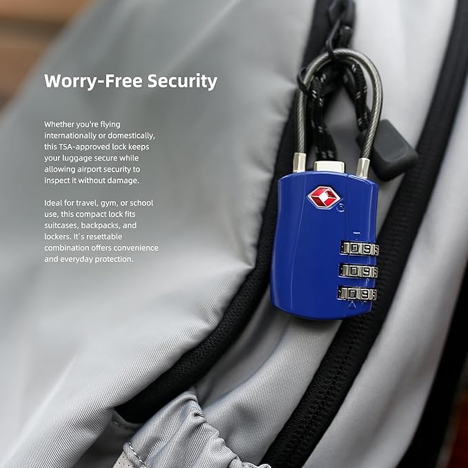 TSA Locks for Luggage, Small Padlock Combination with Cable, Luggage Locks TSA Approved, Combo Padlock with Code, for Travel Suitcase, Gym Locker, Gun Case, Backpack Zipper (Black+Blue)