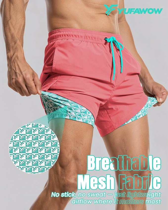 Men Swim Trunks with Compression Liner Quick Dry Breathable Multi Pockets for Summer Beach Cruise Water Park